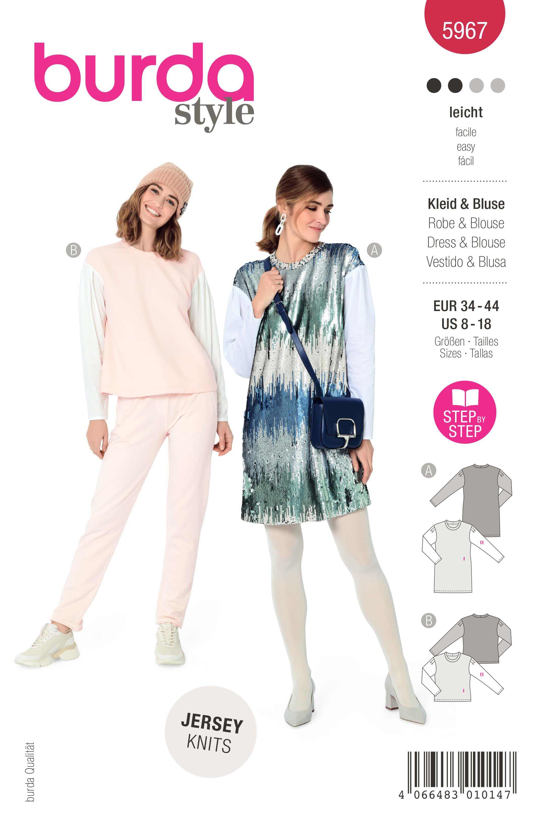 Burda Schnittmuster, Kleid & Bluse aus zwei Stoffen – legere Form